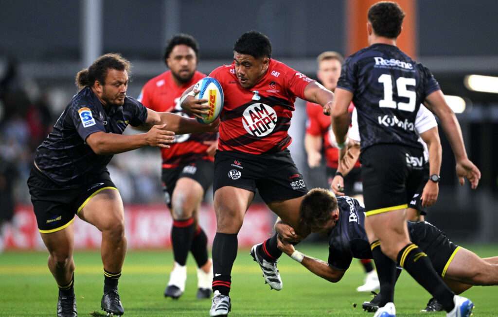 Ioane Moananu of the Crusaders charges forward during the round one Super Rugby Pacific match between the Crusaders and Hurricanes at Apollo Projects Stadium in Christchurch, New Zealand, on February 14, 2025.