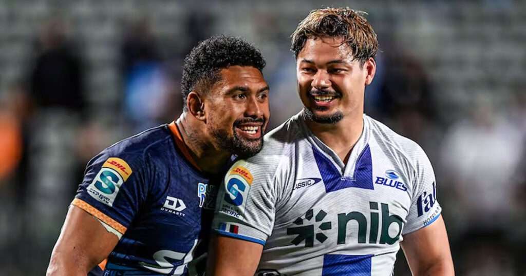 Ardie Savea (Moana Pasifika captain) and AJ Lam (Blues) after their match